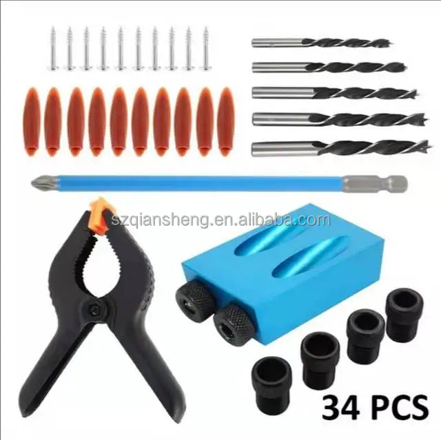 34pcs Woodworking Oblique Hole Locator Drill Bits Pocket Hole Jig Kit 15 Degree Angle Drill Guide Set Hole DIY Carpentry Tool