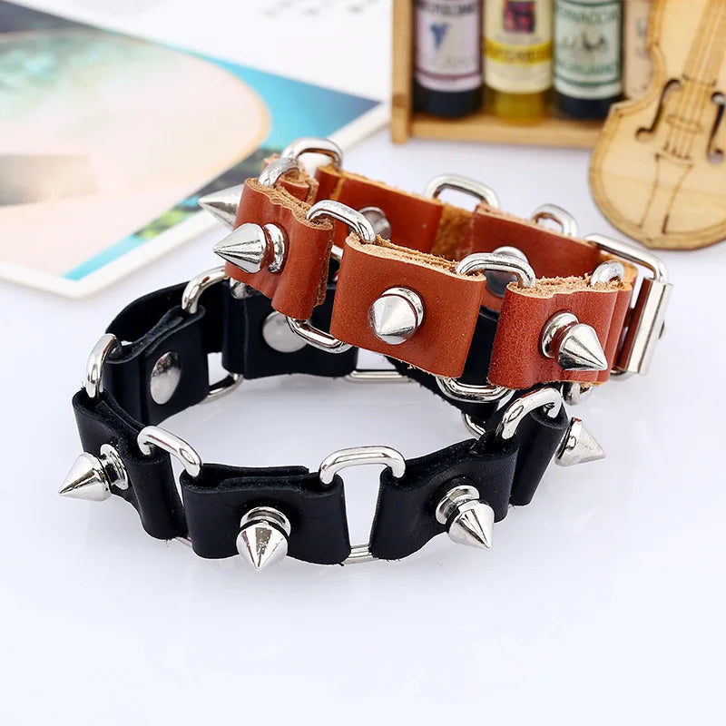2022 Leather Bracelet Punk Leather Chain Bracelet Brown and Black Rivet Bracelet for Men