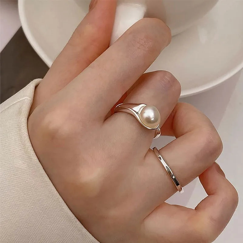 Trendy Fashion Simple Pure 925 Sterling Silver Freshwater Pearl Openwork Finger Rings for Women Girls Jewelry