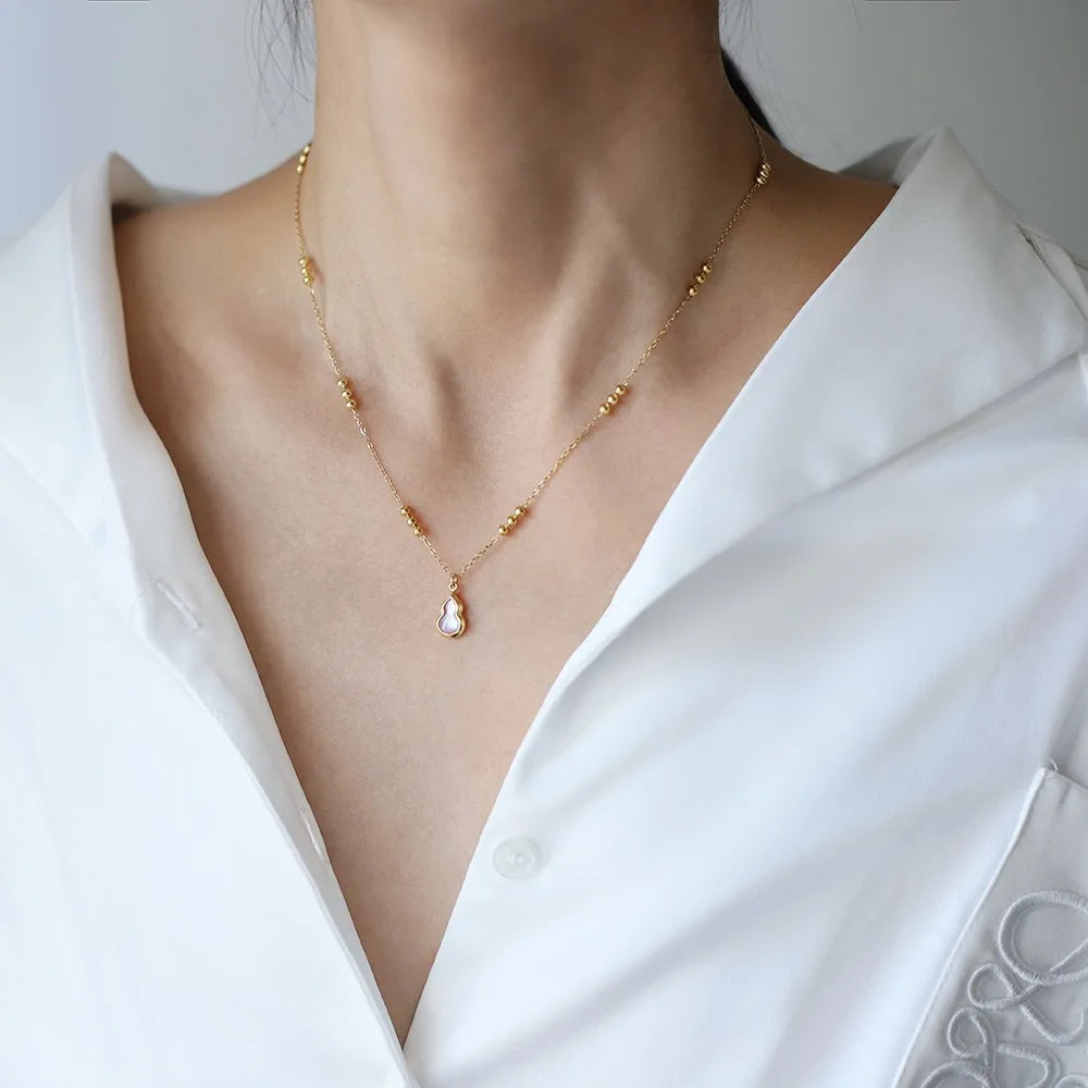 Dainty Women's 18K Gold Plated 316L Stainless Steel Charm Pendant Beads Chain Gourd Calabash Bottle Necklace Trendy Certified