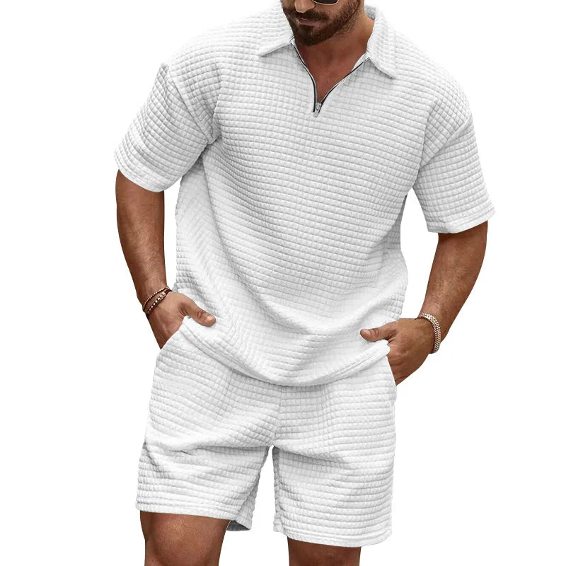 2024 Summer New Men's Casual Trendy Fashion Comfortable Waffle Texture Solid Color Polo Shirt Sports Set