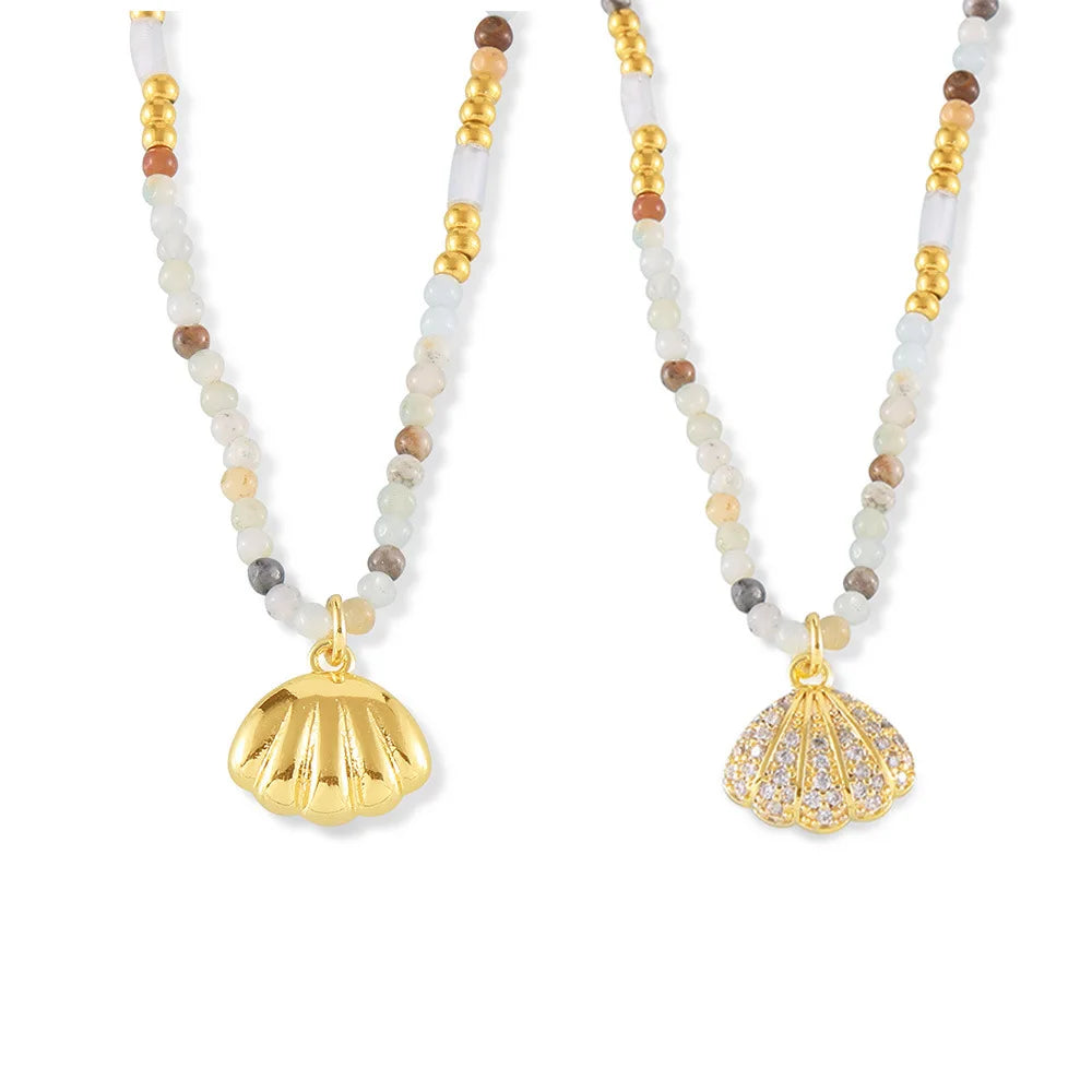 YF3839 Stainless Steel 18k Gold Plated Waterproof Bead Jewelry Summer Natural Stone Chain Zircon Shell Pendant Necklace