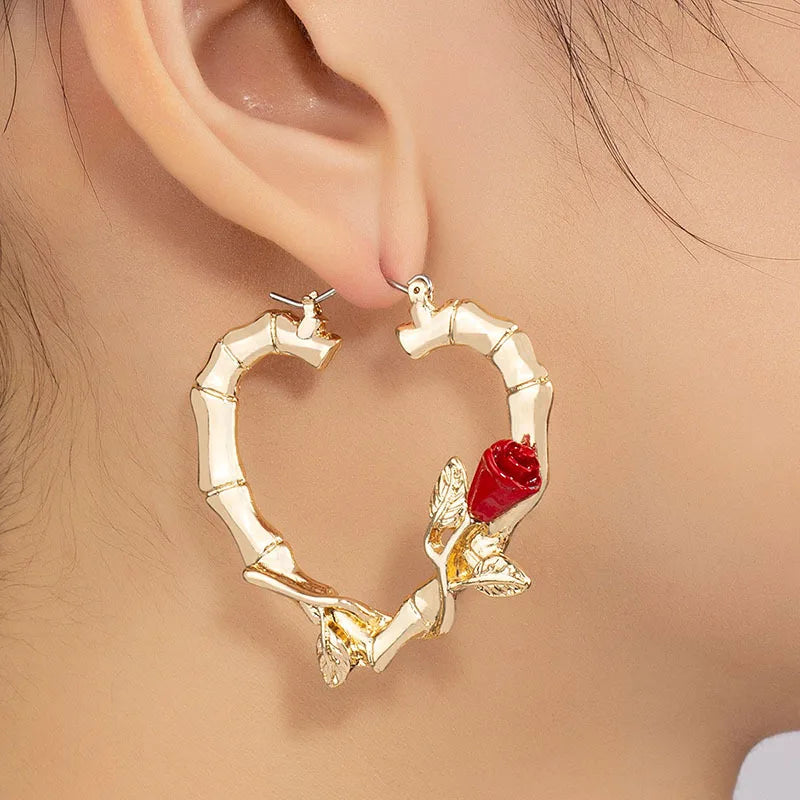 Exaggerated Circle European and American Earring Jewelry Gold Plated Bamboo Hollow Rose Earring Chunky Micro-inlaid Earrings