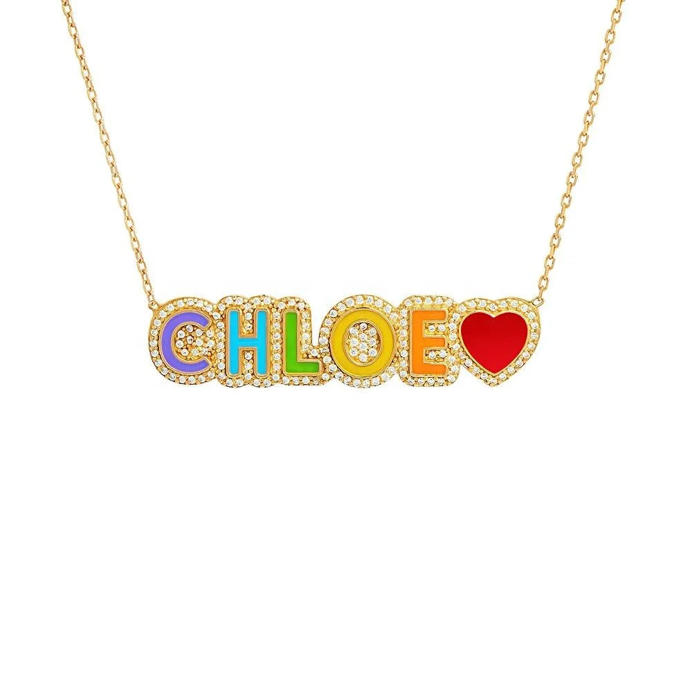 QIUHAN Personalized Colorful Enamel Nameplate Necklace - Custom Bubble Letter OEM Statement Jewelry