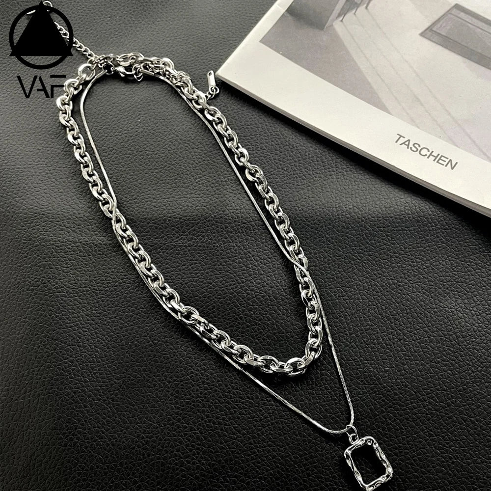 VAF 40CM/45CM+8CM Rectangular Cutout Double Layer Stainless Steel Pendants Jewelry Necklace With Cable Chain
