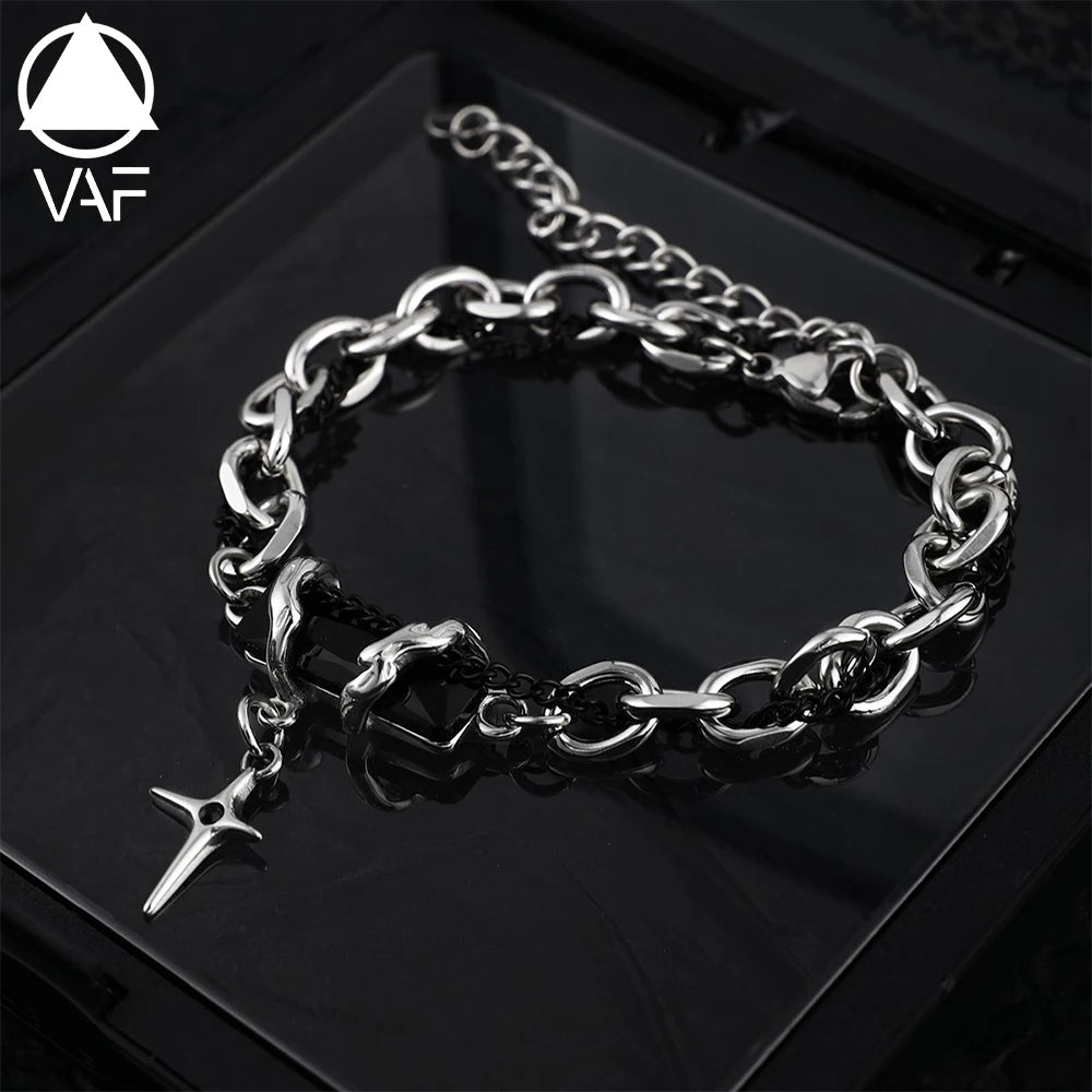VAF 18+5cm Double Wrapped Black Zirconia Cross Pendant Bracelet Stainless Steel Schwarzer Kreuzen Armband Mit