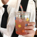 Ins Korea Glass Flower Cup with Straw Creative Heat Resistant Glass Scale Milk Cup