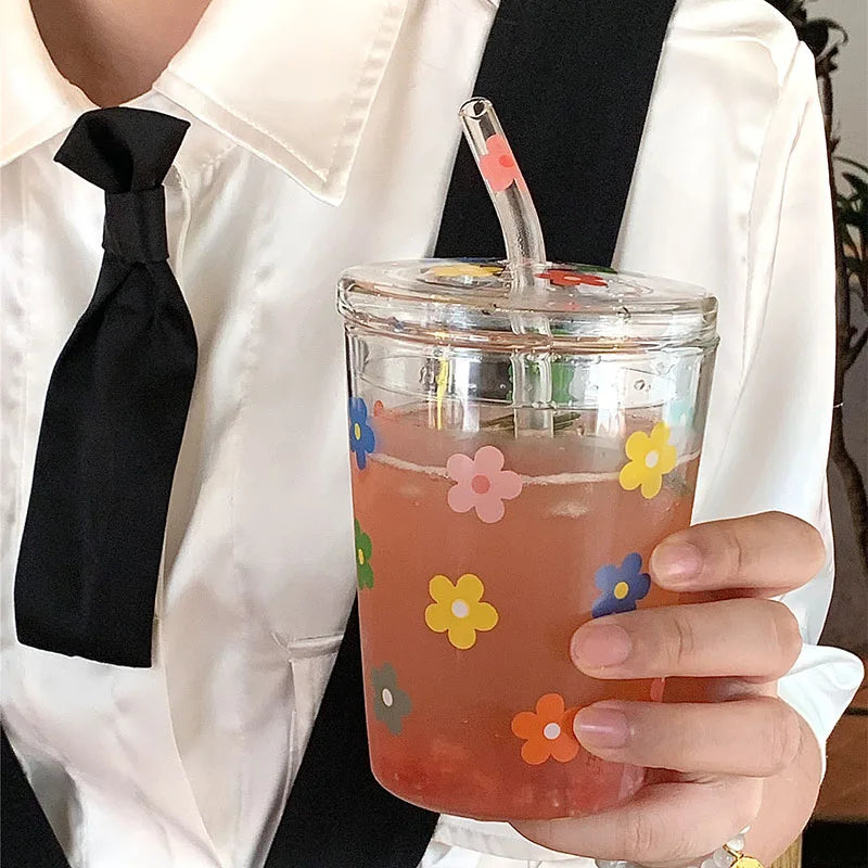 Ins Korea Glass Flower Cup with Straw Creative Heat Resistant Glass Scale Milk Cup