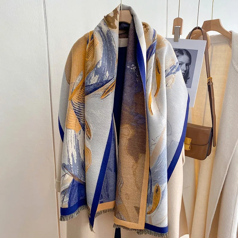 Luxury Floral Print Custom Imitation Cashmere Scarf for Women Thick Wrap Shawl Pashmina Winter Blanket Poncho Stoles Bufanda
