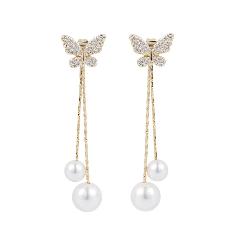 925 Silver Needle Pin Korean Style Elegant Zircon butterfly Long Tassel Pearl Temperament Sweet Girl Earrings