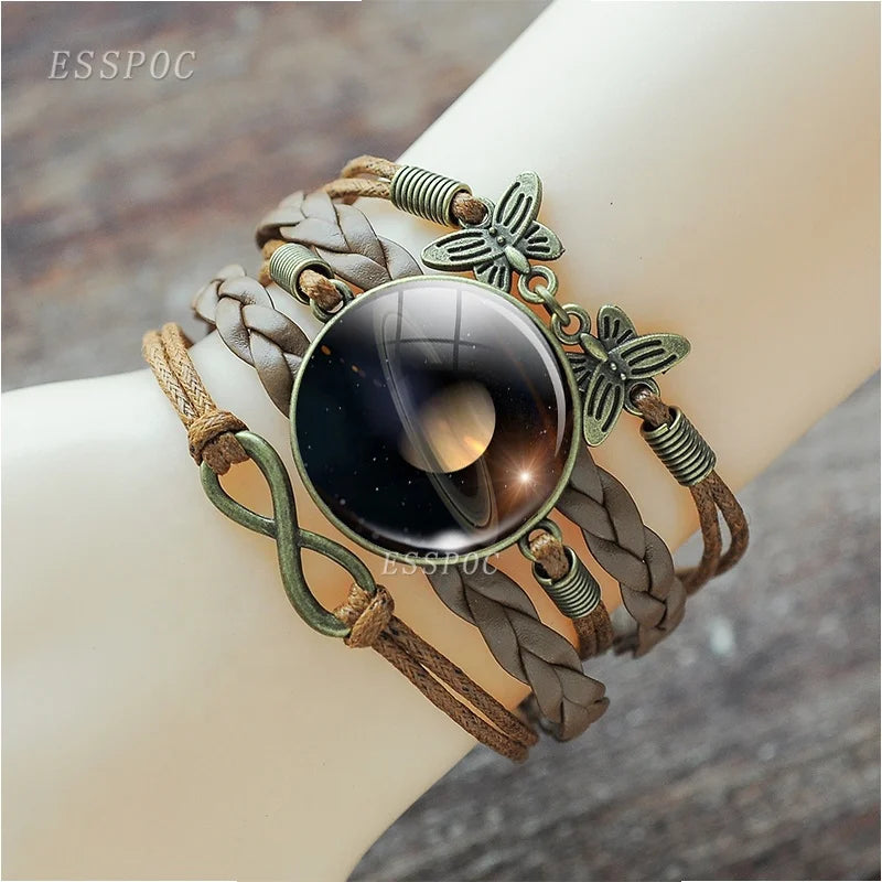 Saturn Bracelet Solar Eight Planet System Glass Cabochon Jewelry Retro Style Multi-layer Leather Weaving Braided Bracelet Women