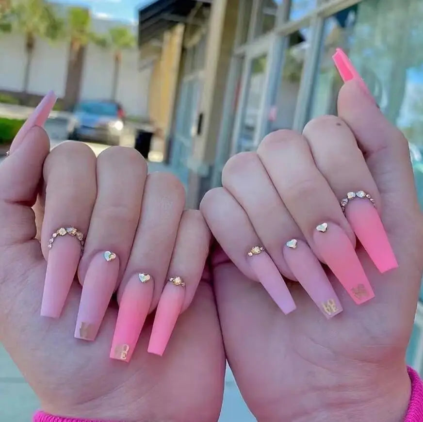 Luxury Handmade Long Custom Designed Private Label pink Coffin Fakenails Acrylic Rhinestone Press on Nails Vendor