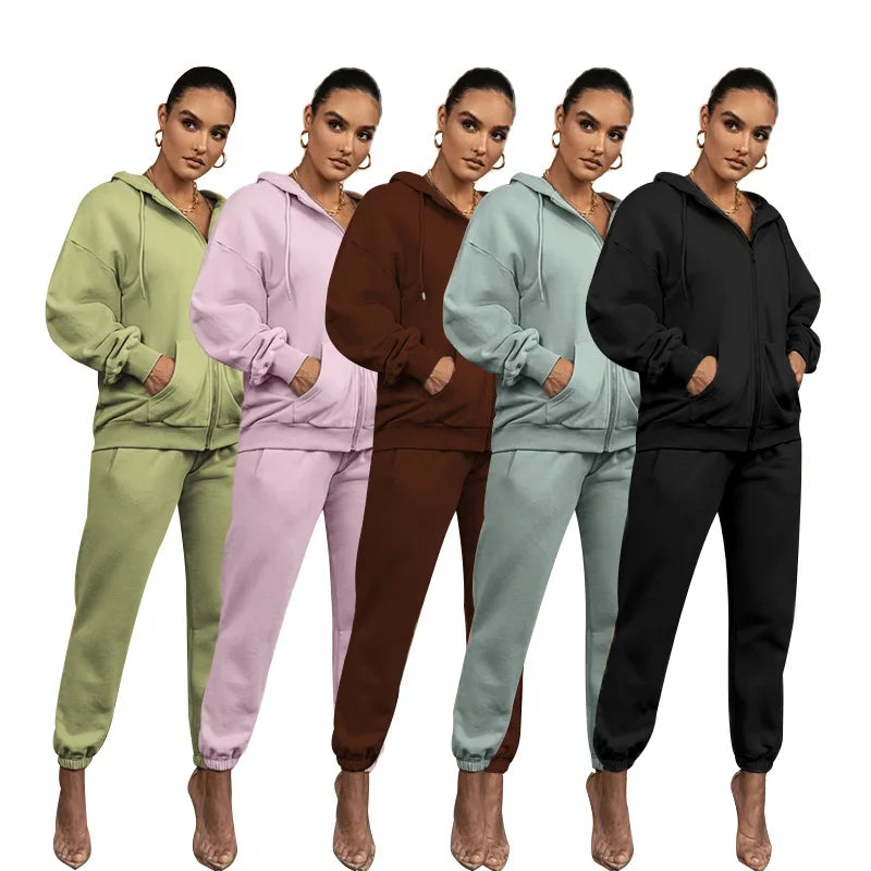 Wholesale Ladies Women Zip up Hoodie and Jogger 2 Piece Set Tracksuit Sweatsuit Set