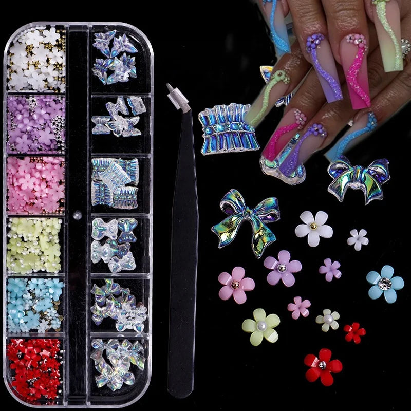 Japan Korea 3D Nail Art Accessories Mini White Flower Nail Parts Pearl Beads Decorations DIY Supplies Kawaii Nail Charm