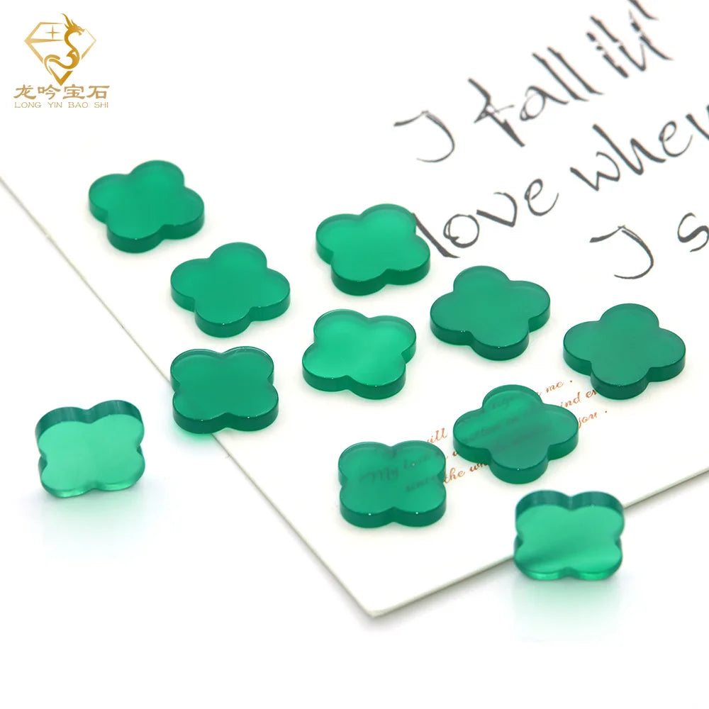 Junyuan Jewelry  Natural Green Agate Double Flat Bottom Four Leaf Flowers  DIY Jewelry Accessories Necklace Bracelet Match Stone