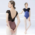 Adult Nylon Short Sleeve Ballet Dance Leotards Women Flower Flocking Back Cross Bodysuit