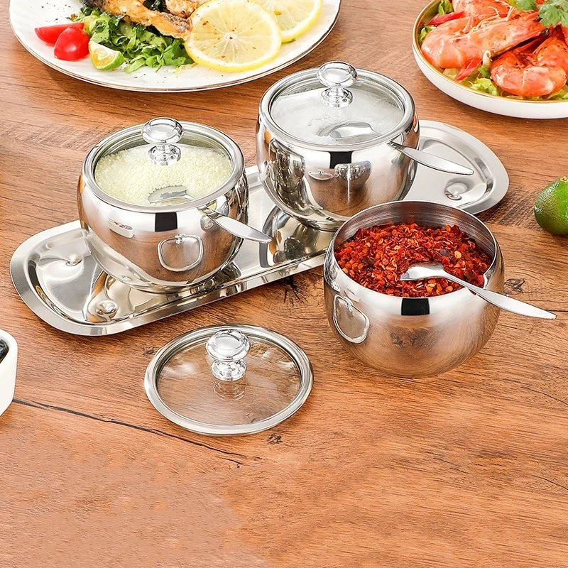 1/3 Piece Set Stainless Steel Seasoning Jars Sugar Salt Seasoning Jar Seasoning Container Glass Lid With Spoon Spice Jar Set
