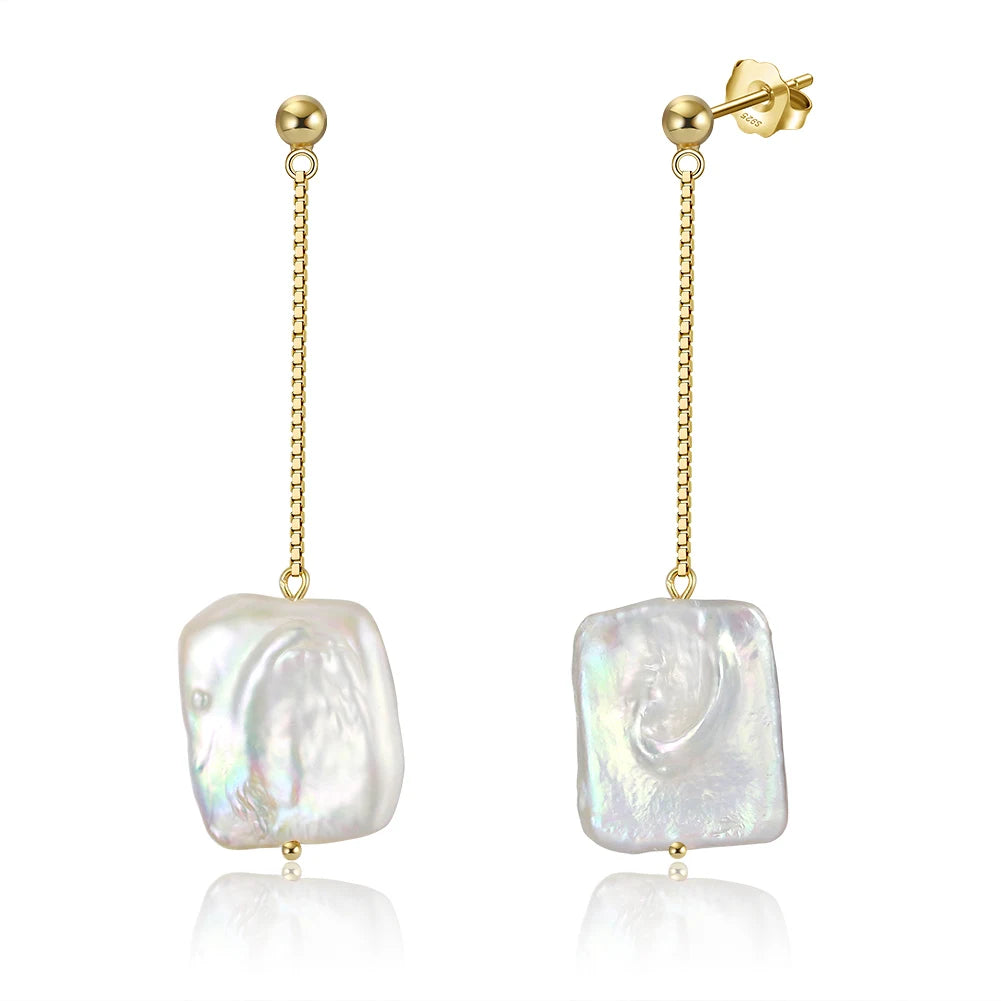 RINNTIN GPE05 925 Silver Tassel Pearls Earring Stud Gold Plated Baroque Freshwater Pearl Long Hanging Dangle Drop Earrings