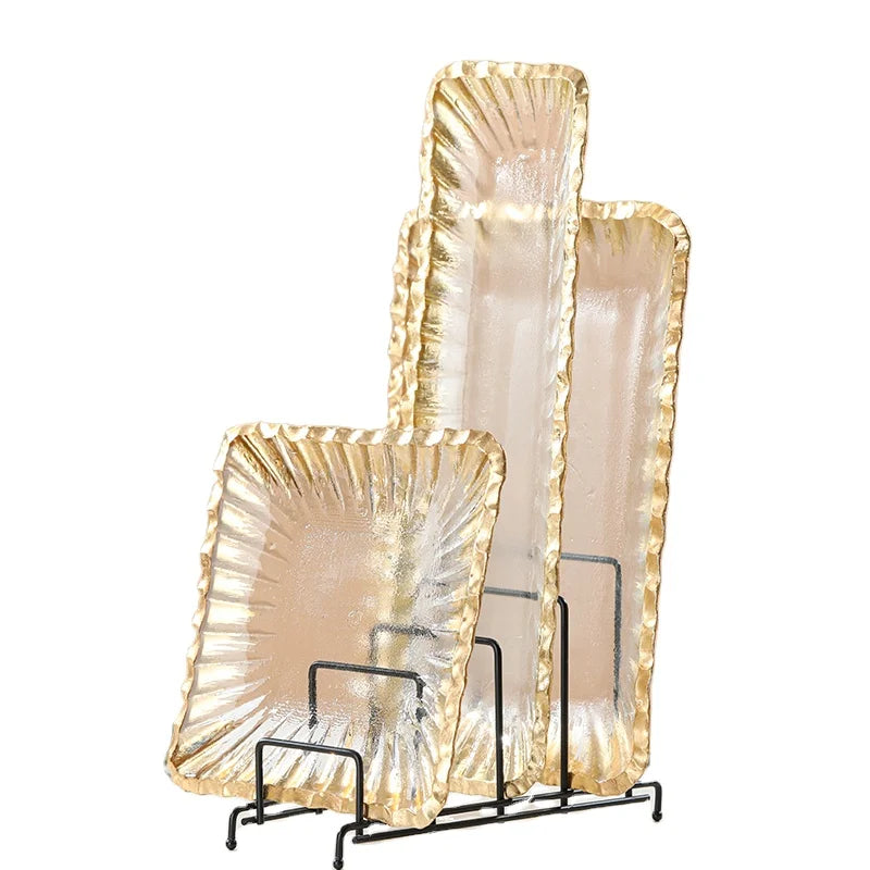 Wholesale Creative Gold Foil Irregular Glass Plate Tray Set for Party Dessert Salad Dried Fruit Snack Fruit Glass Dessert Tray