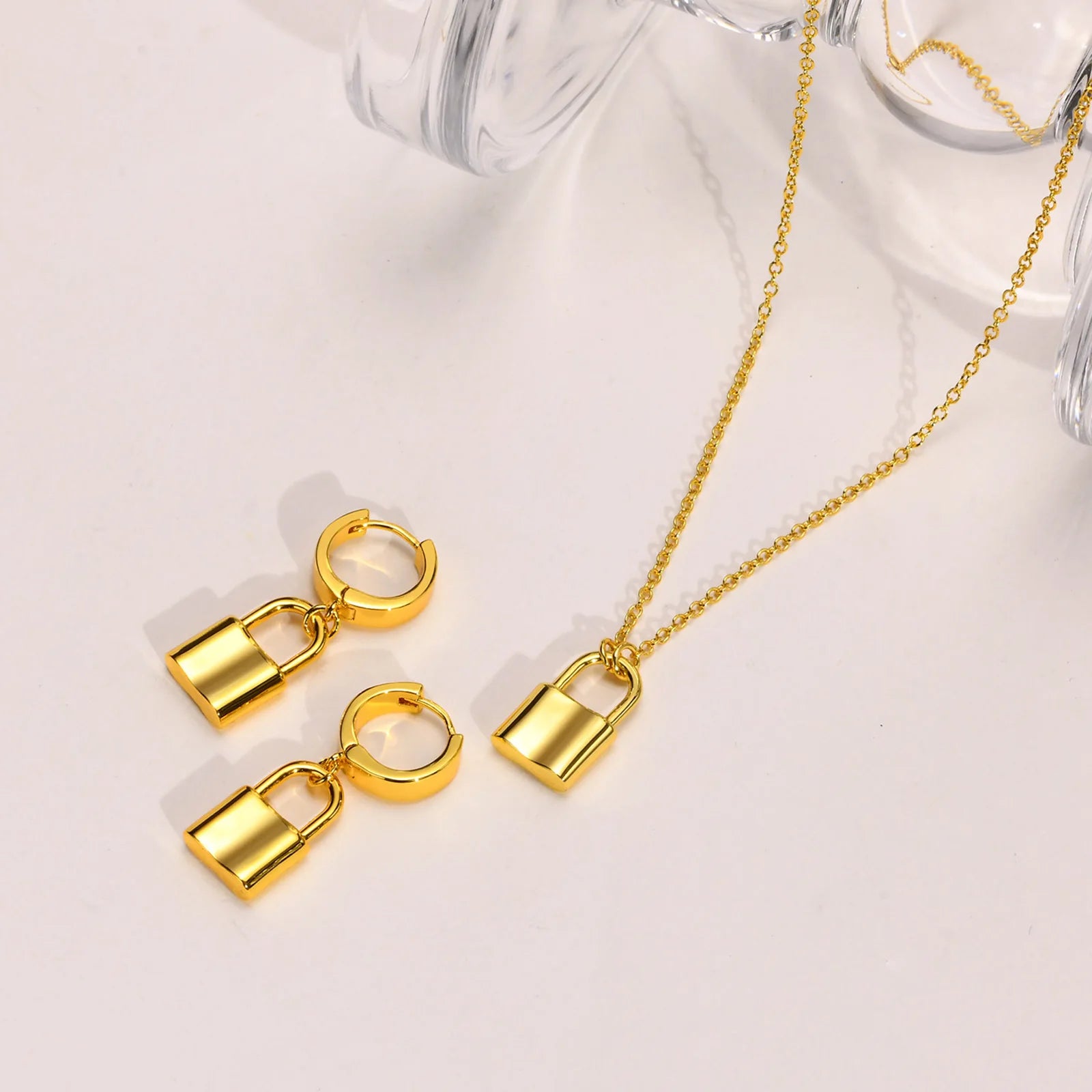 Wholesale Simple Women's Copper Lock Pendant Necklace Earrings 18k Gold Plated Waterproof Personalized Charm Fashion Jewelry Set