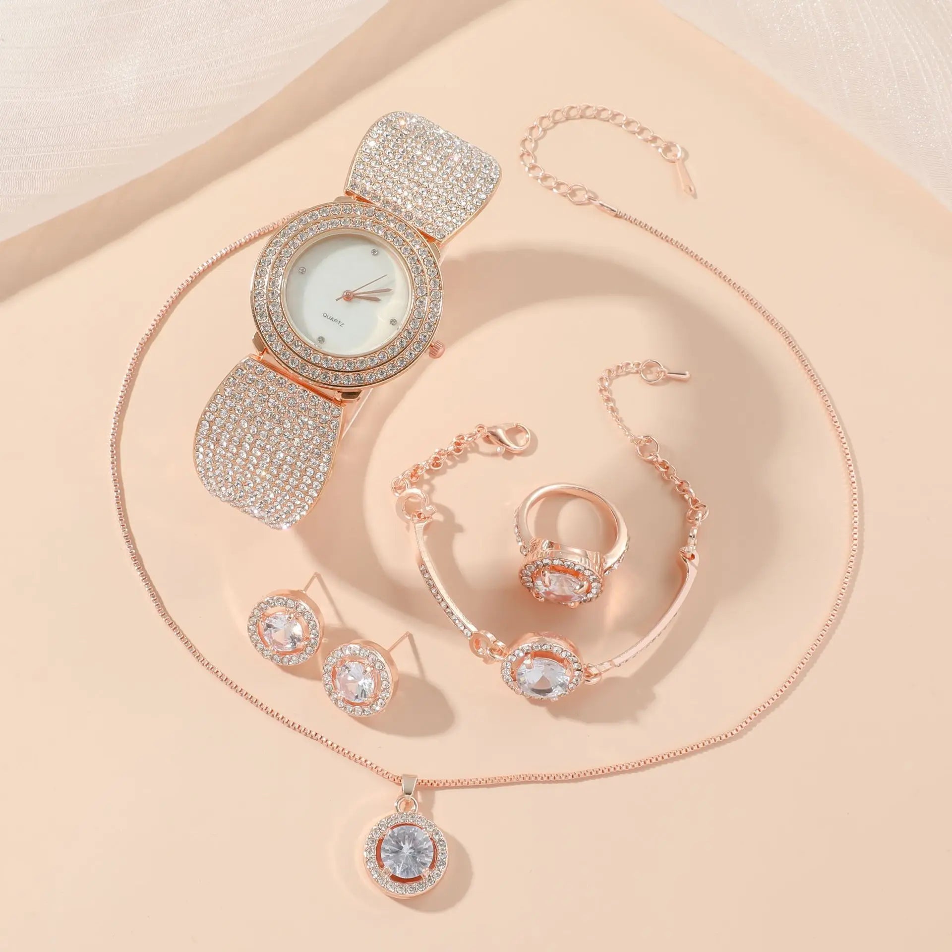 Luxury Diamond Inlaid Stainless Steel Watch Set Watch+Bracelet+Necklace+Earrings+Ring Women's Watches Female