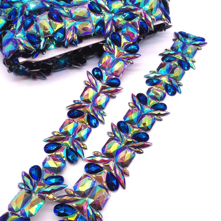 Handmade Resin Stone Banding Iridescent Rhinestone Trimming Gel Back Hot Fix Decoration for Customized Garments Shoes Bags