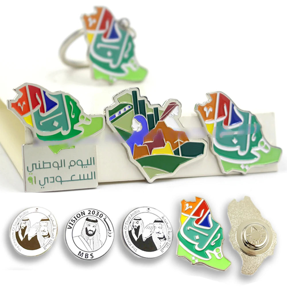 Custom Enamel Metal Cross Saudi National Day Badge for 3M Stickers Clothing Mobile Phone Eco-friendly Promotional Gift