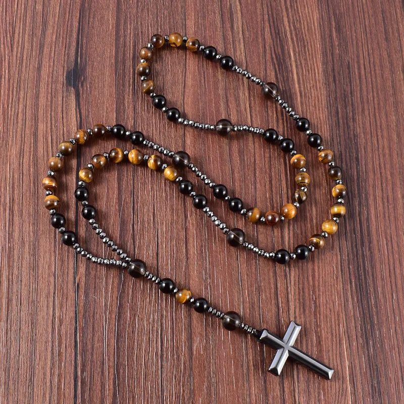 Natural Stone Catholic Christ Rosary Necklace Men's and Women Meditation Jewelry Hematite Cross Pendant Featuring Agate