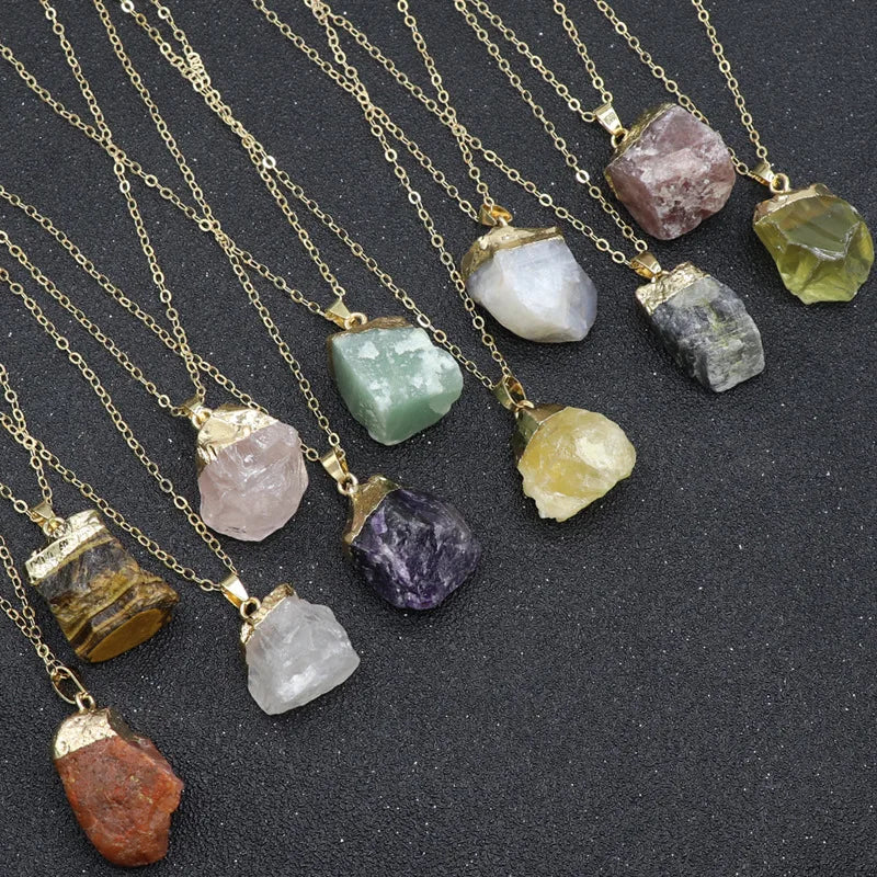 Healing Natural Thumb Stone Chakra Rose Quartz Pendant Statement Gilt Head Raw Stone Amethyst Pendant for Jewelry Making DIY