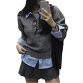 Wholesale 2025 Spring New French Collar Splicing Versatile Long Sleeve Knitted Women's Sweater