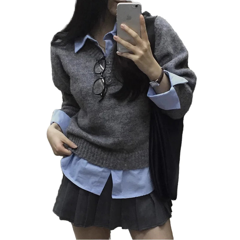 Wholesale 2025 Spring New French Collar Splicing Versatile Long Sleeve Knitted Women's Sweater