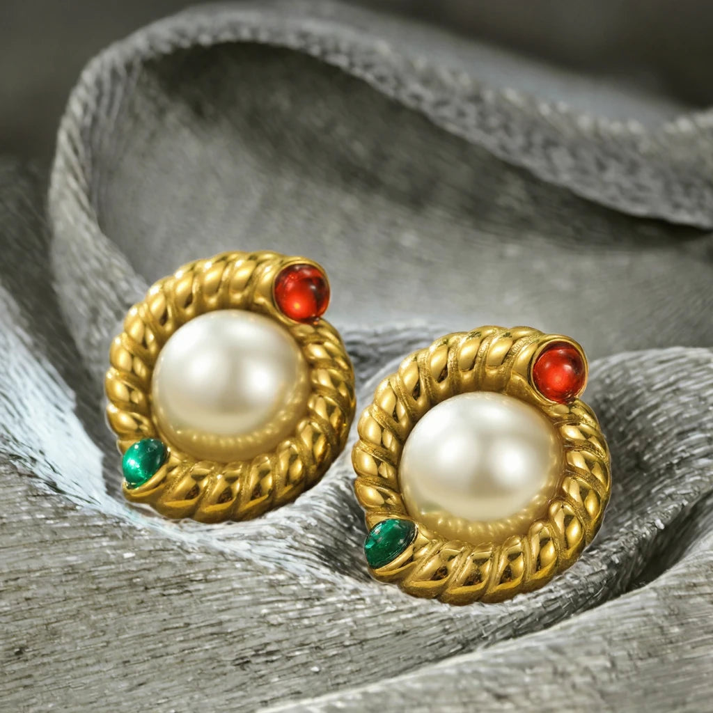 Classic French Style Imitation Pearl Stud Earrings 18K Gold Plated Stainless Steel Waterproof Women's Party Fashion Earrings