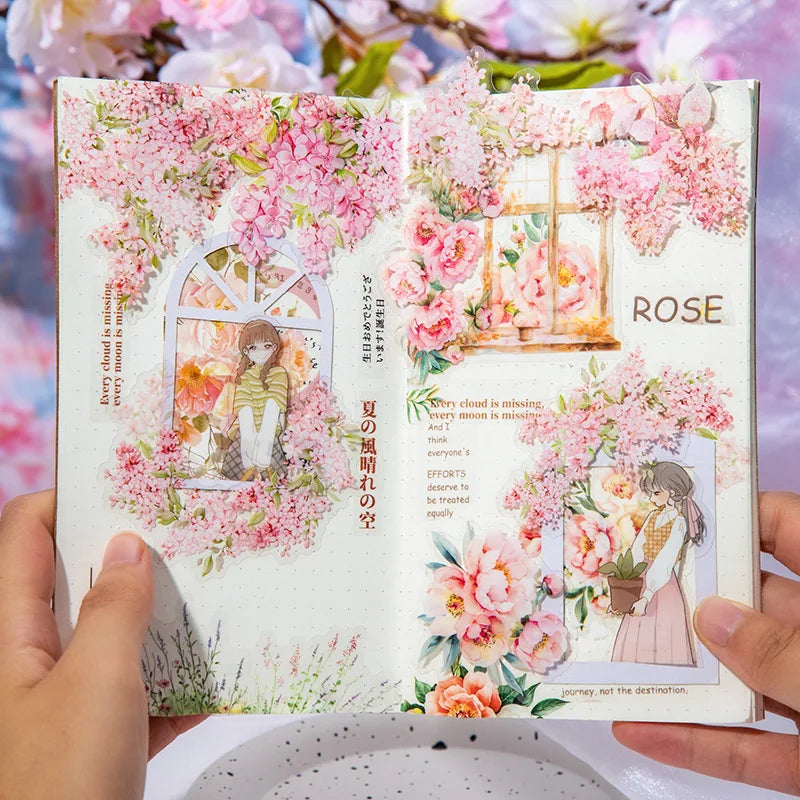 30 Sheets Per Pack pink Flowers PET Stickers pink Makeup Garden Series 6 Flowers Material DIY