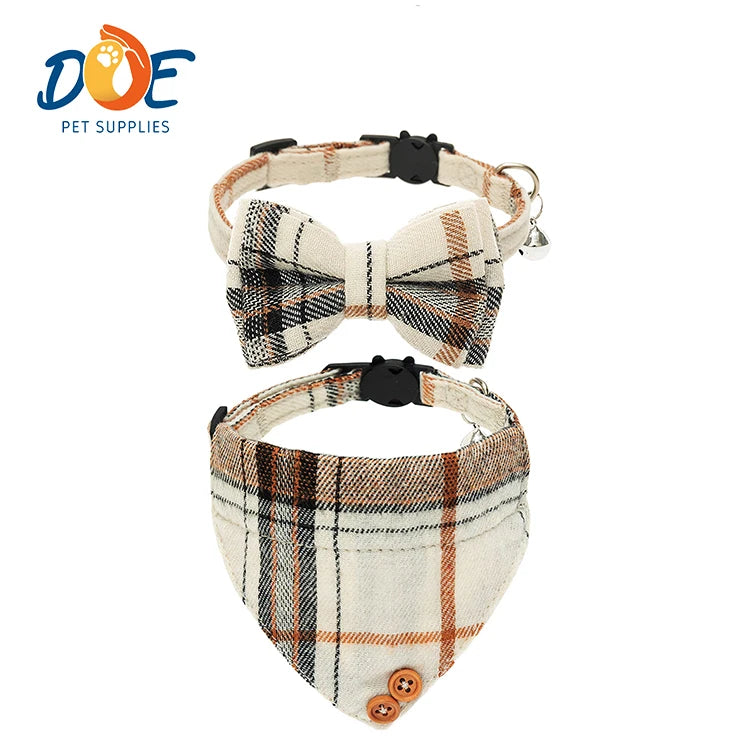 Doe Pet Collar Plaid Bow Tie & Bandana Cat Collars with Bell for Cats Soft Adjustable Cute Pet Accessories for Cats Small Dogs