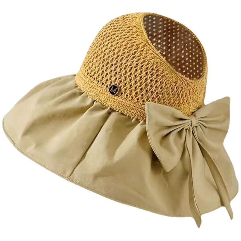 Knot Empty Top Hat With Black Glue Coating Efficient Sunscreen Fisherman Hat Cool Wide Brimmed Women's Big Eave Bow Outdoor NR