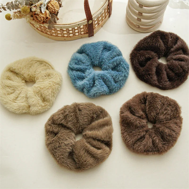 MIO Artificial Faux Fur Plush Elastic Hair Band Ties Fake Mink Hair Scrunchies Winter Solid Color Rope Women Girls Lady