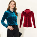 Womens Burgundy Satin Blouses Velvet Shirt Plain Velour Tops Autumn Winter Tunic Retro Clothes Vintage Shirts
