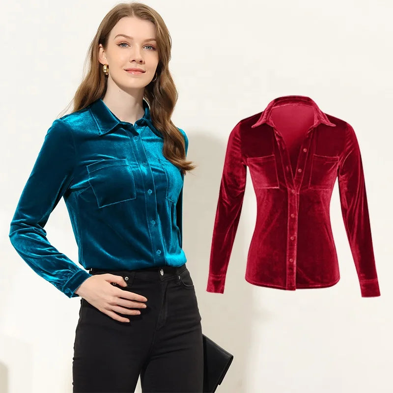 Womens Burgundy Satin Blouses Velvet Shirt Plain Velour Tops Autumn Winter Tunic Retro Clothes Vintage Shirts