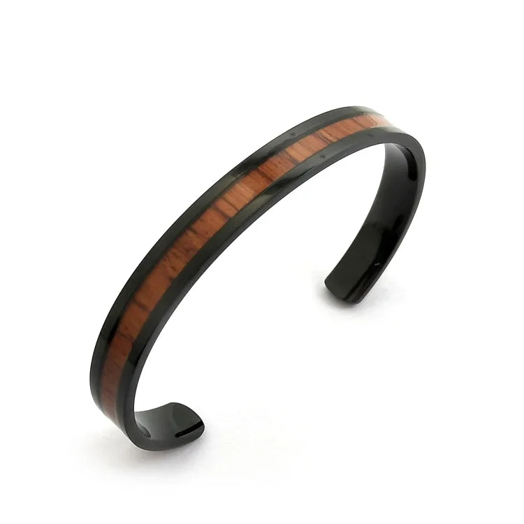 Custom Adjustable Black Plated Stainless Steel Wood Inlay Wooden Metal Open Bracelet Bangles for Men