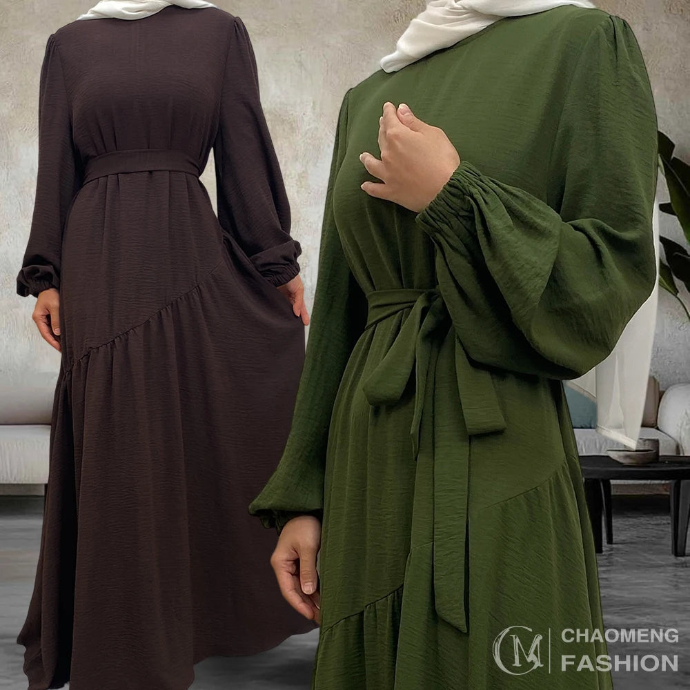 6738# Latest Chic Dress Wrinkle Crepe Crew Neck Elastic Cuff Beveled Line Design Big Bottom Fashionable Muslim Dress