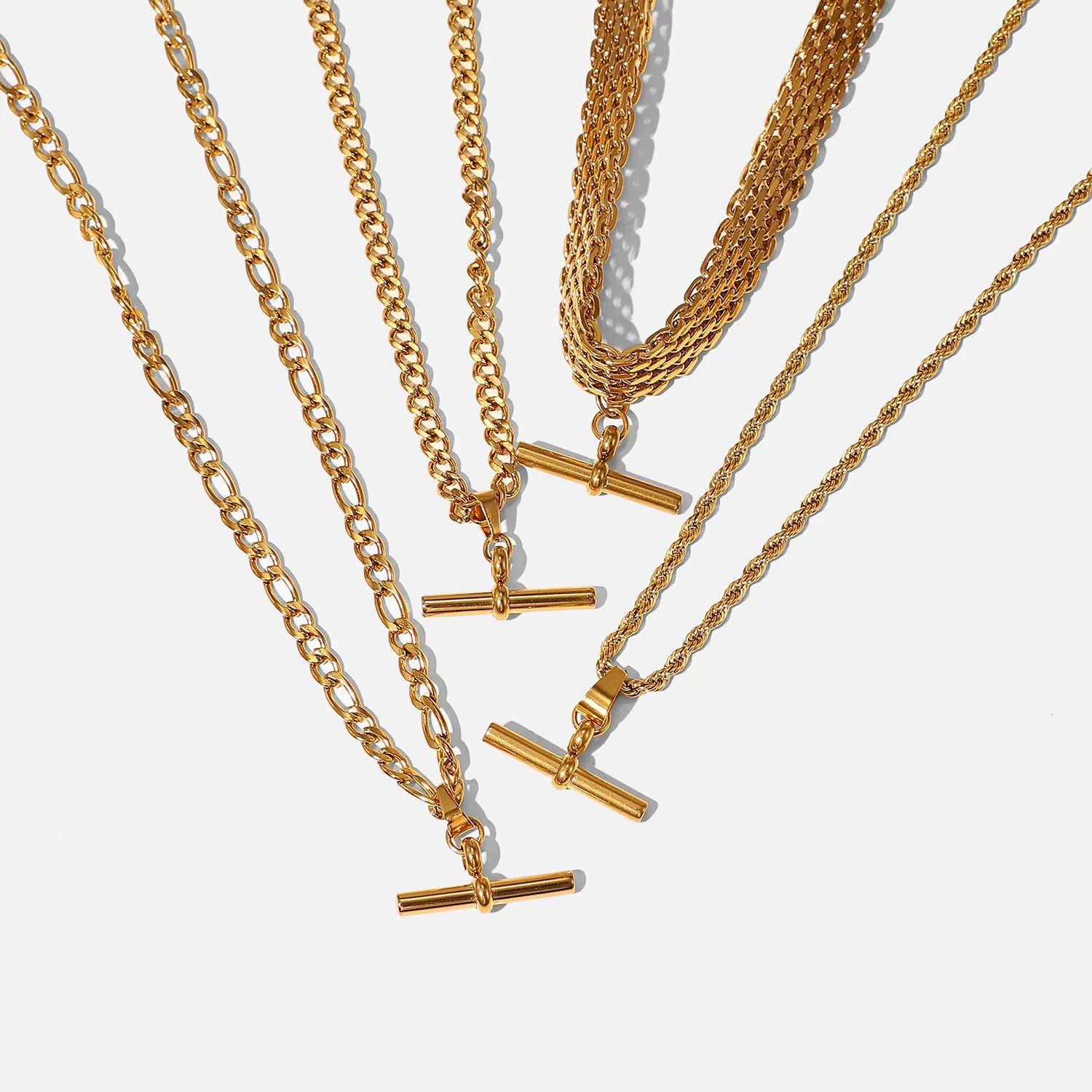 Waterproof Stainless Steel 18K PVD Gold Plated Punk Hip Hop T Bar Pendant Necklace Rope Figaro Cuban Chain Choker Necklace