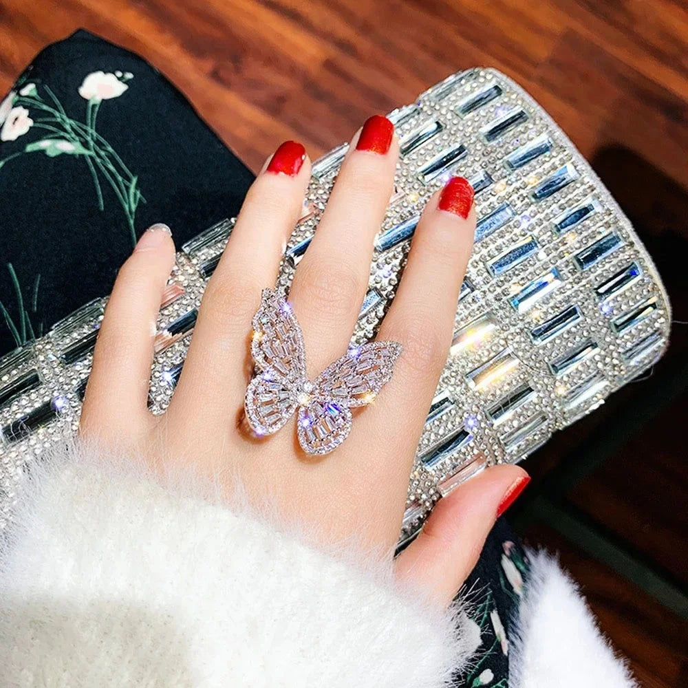 925 Sterling Silver Dubai Adjustable Luxury Cubic Zirconia Large Butterfly Party Ring