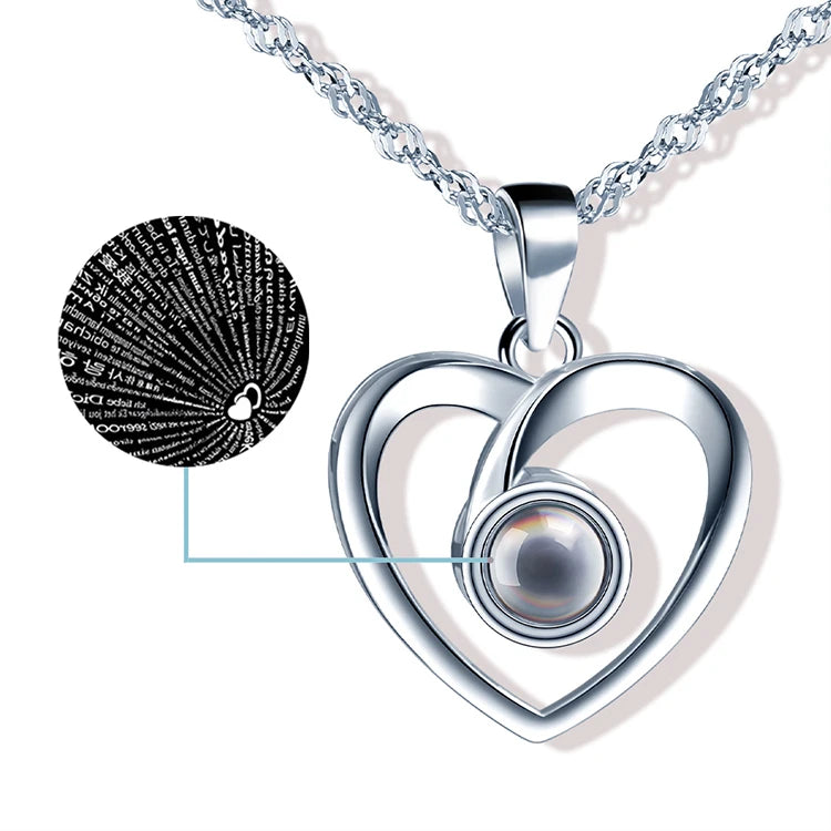 100 Languages love You Projection Pendant Necklace 925 Silver Heart Necklace for Women