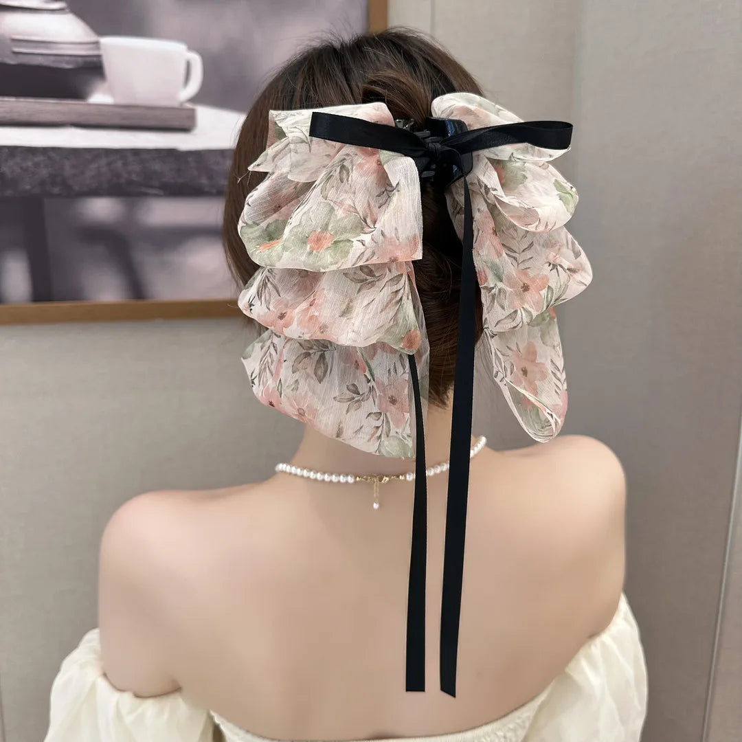New Fashion Chiffon Bow Hairpin Girls Shark Clips With Ribbon Women Hair Accessories