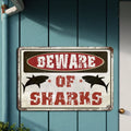 Funny Metal Sign Warning Beware of Sharks for Seaside Wall Decor - Retro Tin Sign 8x12 Inches