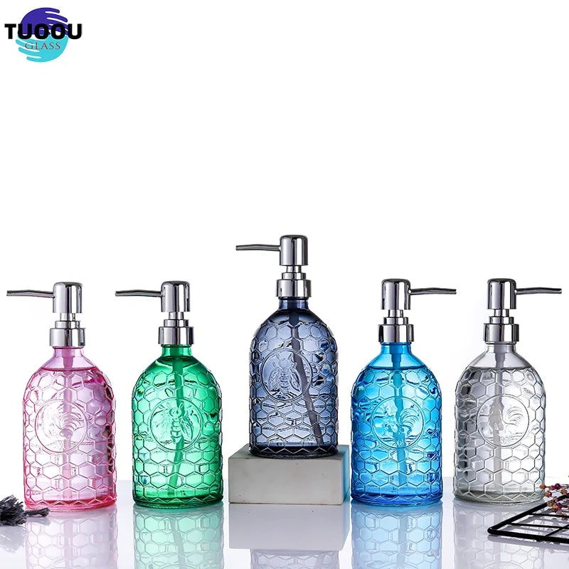 In Stock Wholesale Custom Logo Bee Rooster Pattern Luxury Shampoo Bathroom Hand Sanitizer Empty Dispenser Glass Bottle