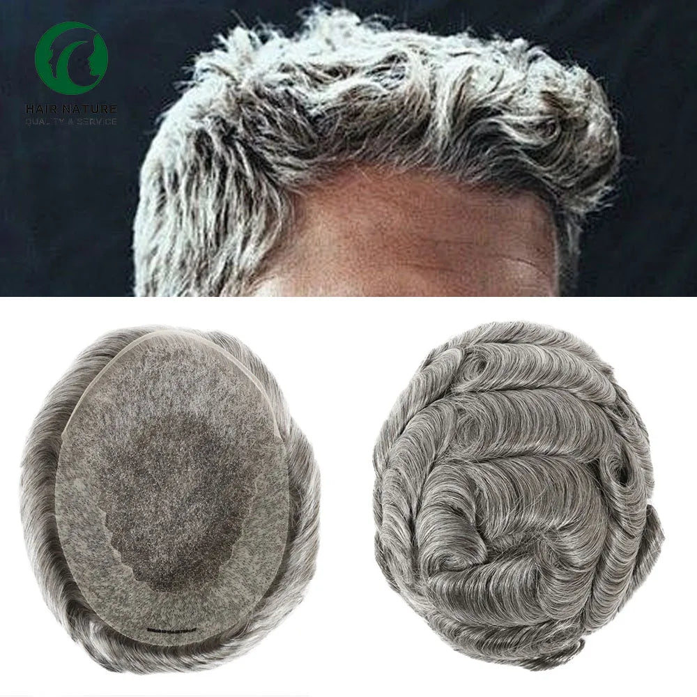 Q6 Lace and PU Base With Bleached Knotted in Front Hair Wig for Men Bald Hair Toupee Black Color with Grey Hair Wig