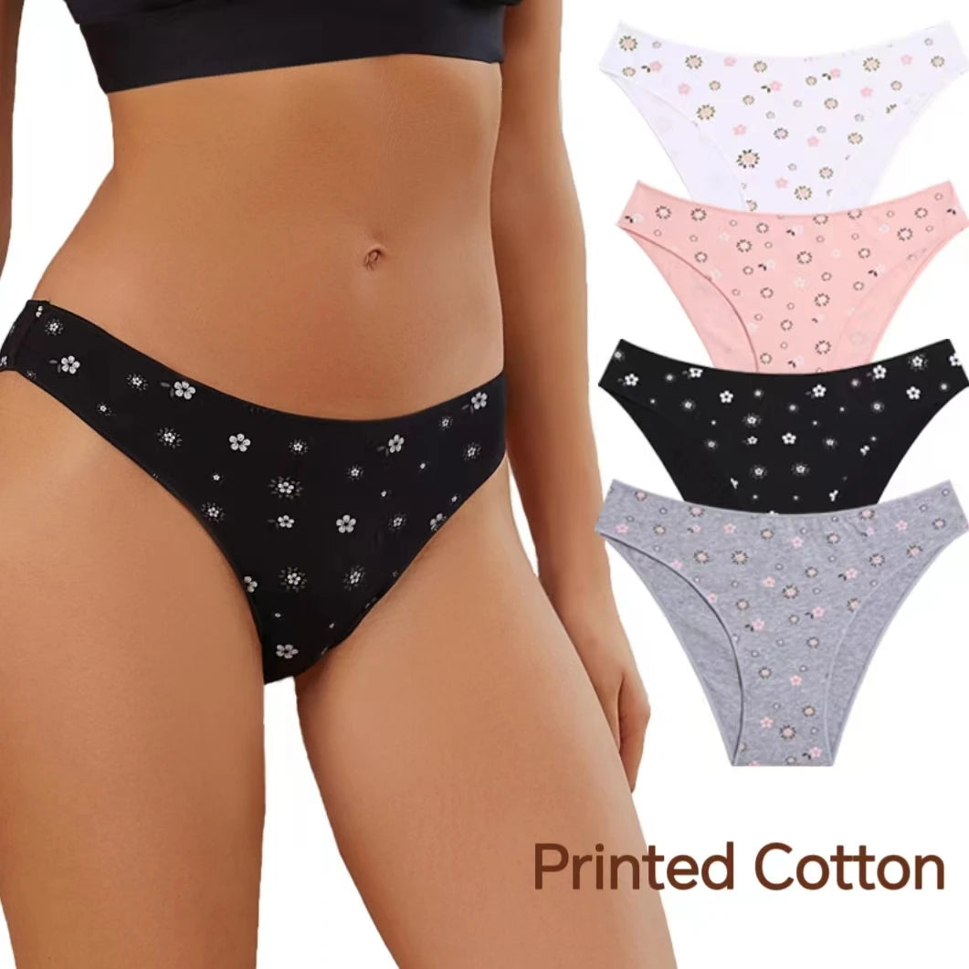 European Size Women Low-Rise Floral Pattern Underwear Breathable Skin Friendly Natural Cotton Fabric Panties Fresh & Elegant