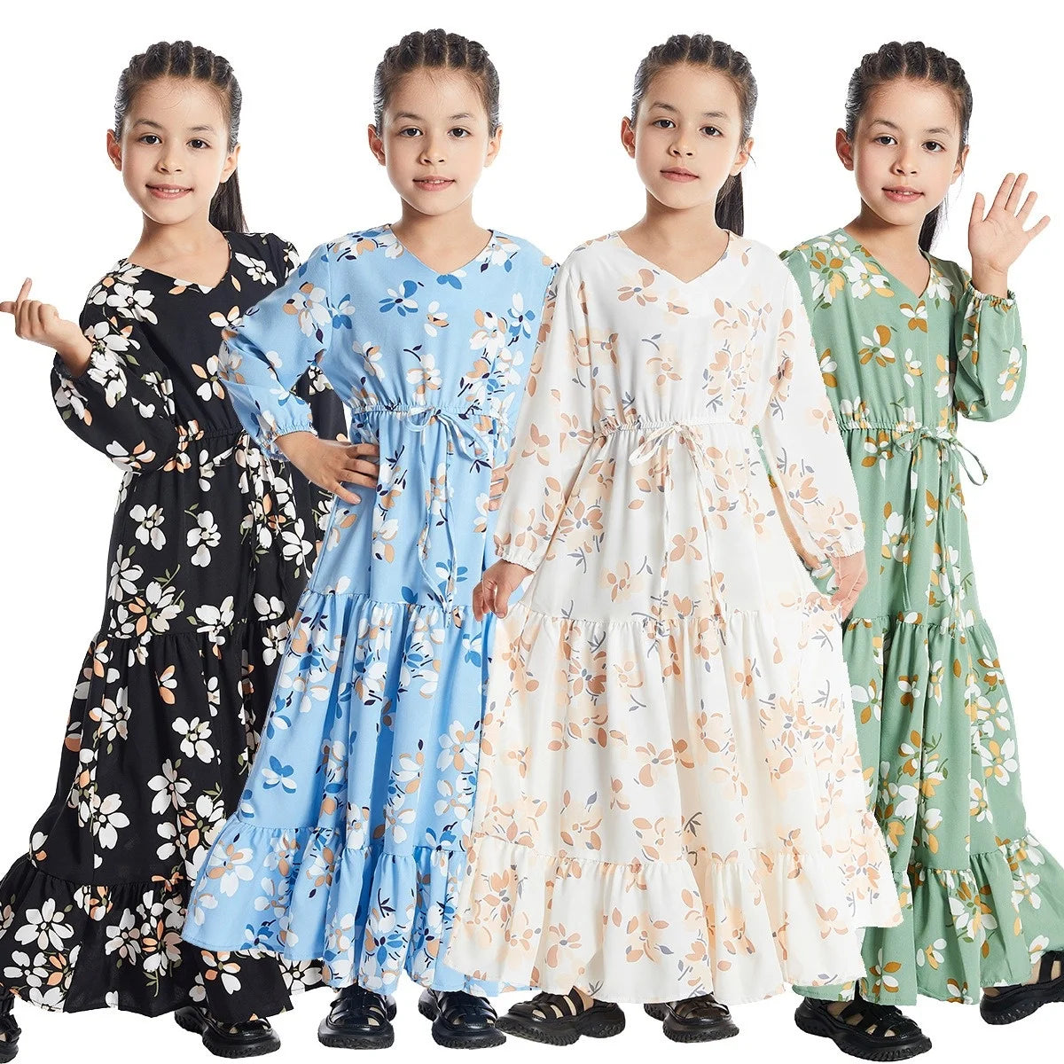 Muslim Kids Fashion Islamic Children Printed Floral Dress Arab Turkey Long Maxi Girls Robe Baby Clothes C0035