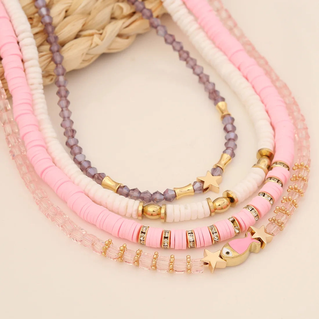 Nabest PVD Stainless Steel Crystal Stand Necklaces Women Layers Shell Clay Beads Choker Bohemian Jewelry